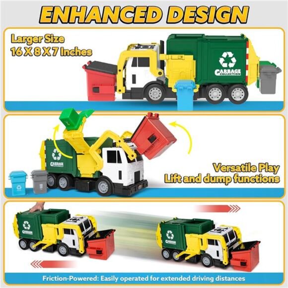 Large Friction Powered Garbage Truck Toy Set, Includes Dumpster, Trash Bins - Picture 3 of 7